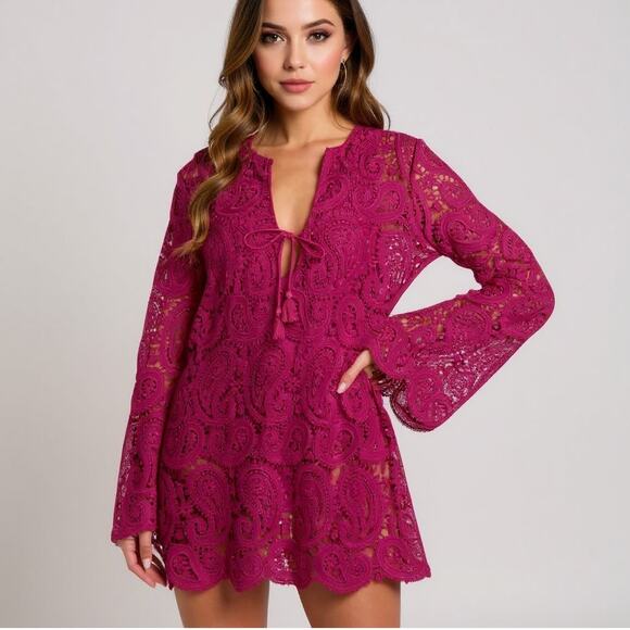 L’Agence Ansley CoverUp Dress Paisley Eyelet Lace Fuchsia Pink Long Sleeve S NWT - Picture 1 of 9